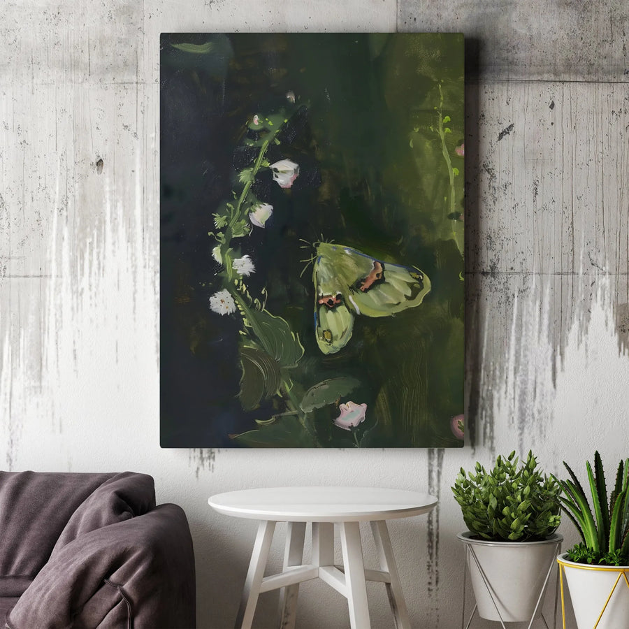 Moody Luna Moth Vertical Canvas | Vintage Dark Botanical Flower Oil Painting Print | Premium 1.25 Inch Gallery Wrap | Cottagecore Dark Academia Room Decor