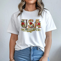 USA 250 Years Of Freedom T-Shirt | Patriotic Floral American Flag Design | 100% Soft Cotton Tee | Independence Day Gift For American Patriots
