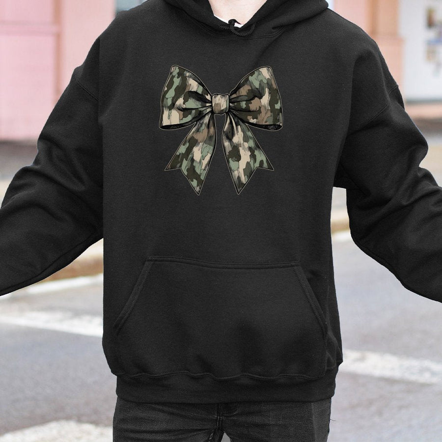 Camo Bow Hoodie | Trendy Camouflage Ribbon Graphic | Premium Cotton Blend Sweatshirt | Cute Fall Hunting Outfit Gift For Her