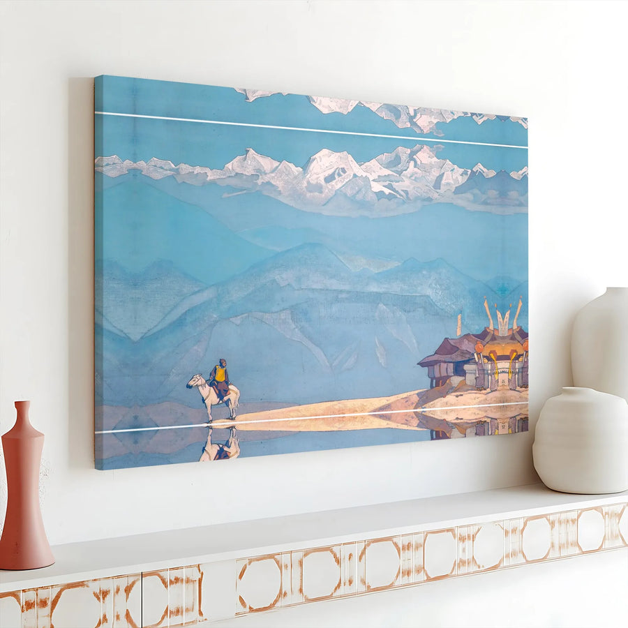 Himalayan Mountain Canvas Wall Art | Surreal Landscape with Horse Rider | Premium Gallery Wrapped Decor | Zen Office or Living Room Statement Gift