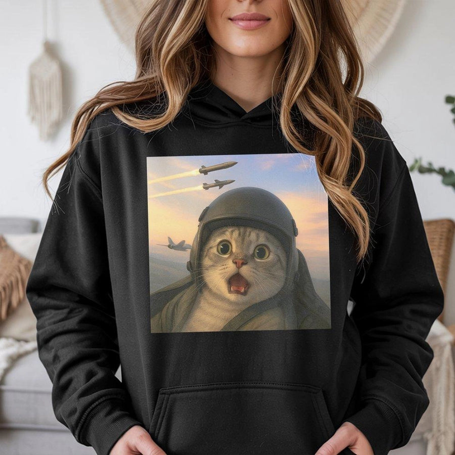 Soldier Cat Hoodie | Fighter Pilot Kitty Graphic Design | Soft Premium Cotton Blend | Funny Meme Gift for Cat Lovers and Military Aviation Fans