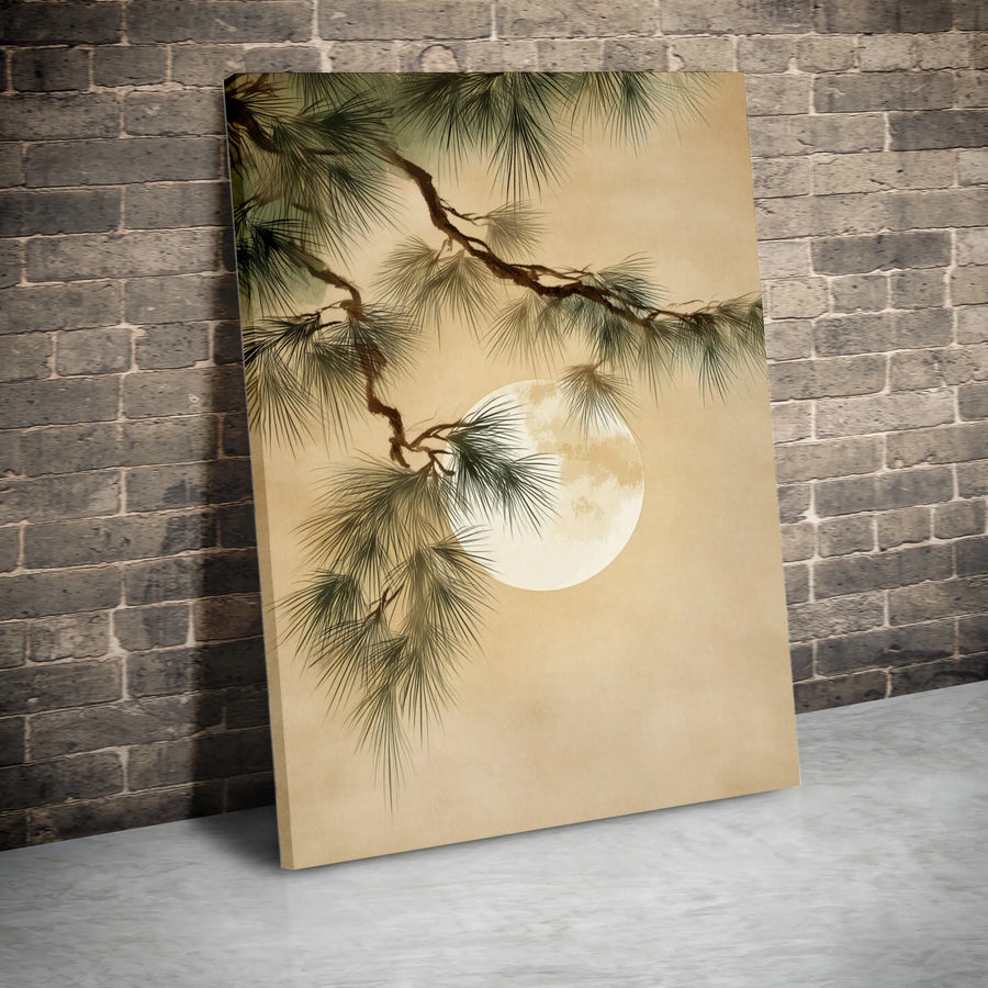 Japanese Pine Tree Wall Art | Minimalist Full Moon Canvas Print | Gallery Quality Fade-Resistant | Zen Home Decor for Living Room