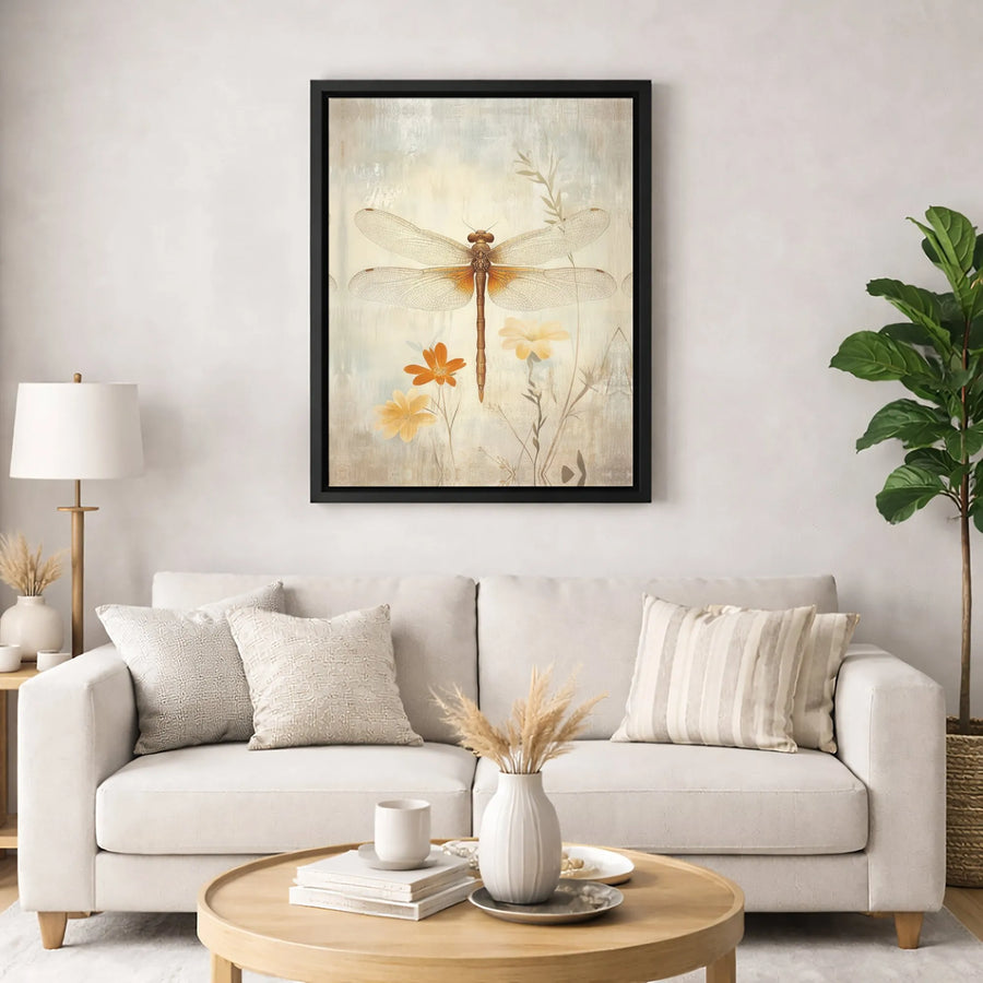 Vintage Dragonfly Canvas Wall Art | Orange and Yellow Wildflower Botanical Print | Premium Gallery-Wrapped Decor | Nature Inspired Gift for Home