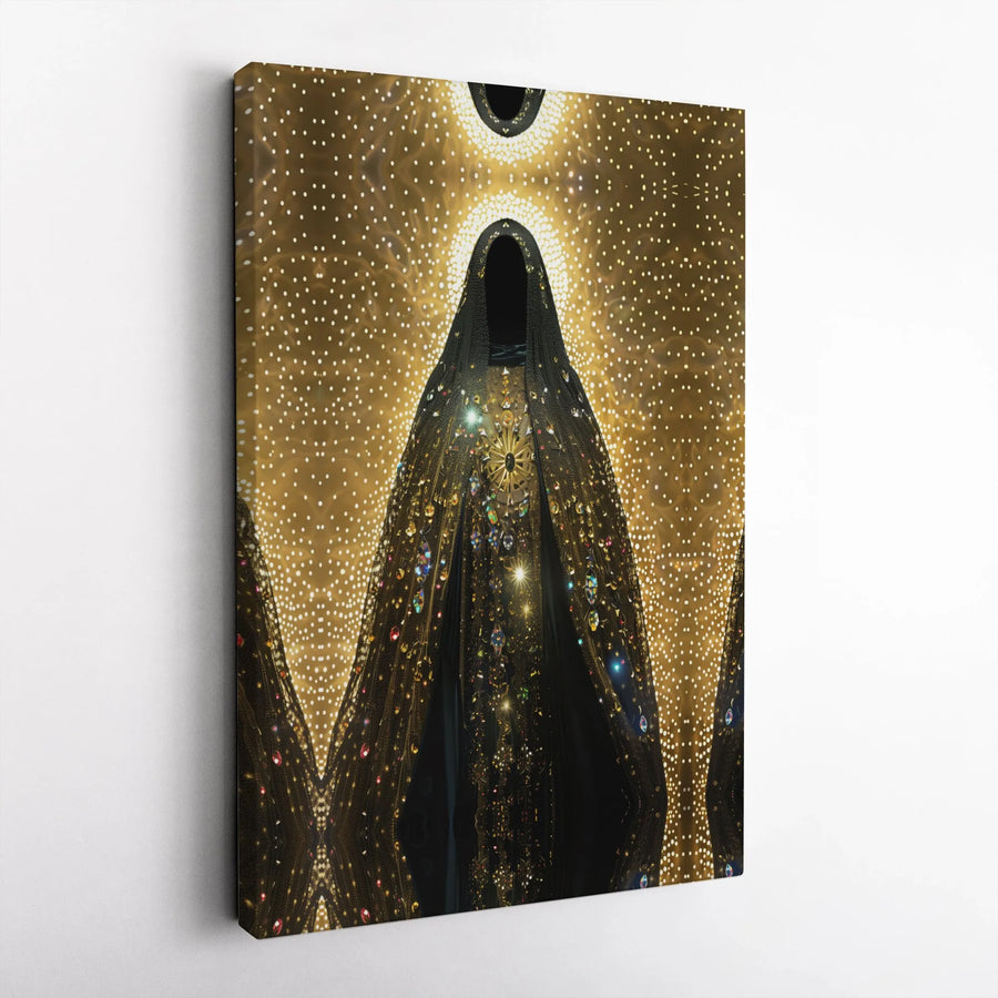 Divine Goddess Canvas Wall Art | Mystical Hooded Figure with Golden Halo | Premium Matte Canvas Print | Spiritual Home Decor Gift