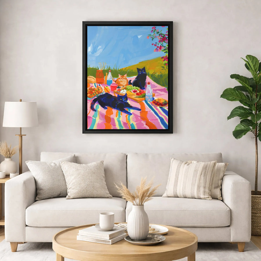 Cats Picnic Canvas Wall Art | Whimsical Summer Garden Painting | Premium Gallery Wrapped Decor | Gift for Cat Lovers & Pet Owners