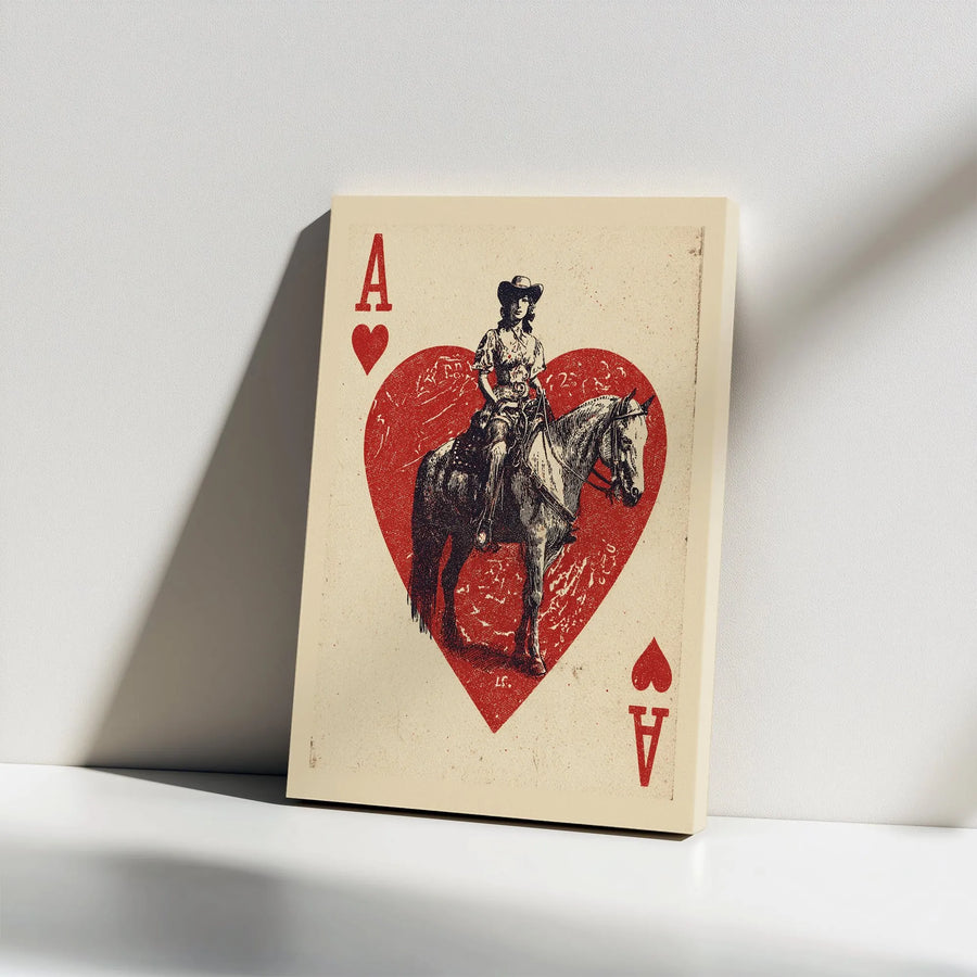 Cowgirl Ace of Hearts Canvas Art | Vintage Western Playing Card Print | Premium Gallery Wrapped Canvas | Rustic Home Decor Gift for Her