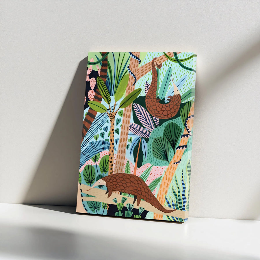 Pangolin and Sloth Canvas Wall Art | Vibrant Rainforest Jungle Scene | Premium Frameless Gallery Wrap | Kids Room & Nursery Decor Gift