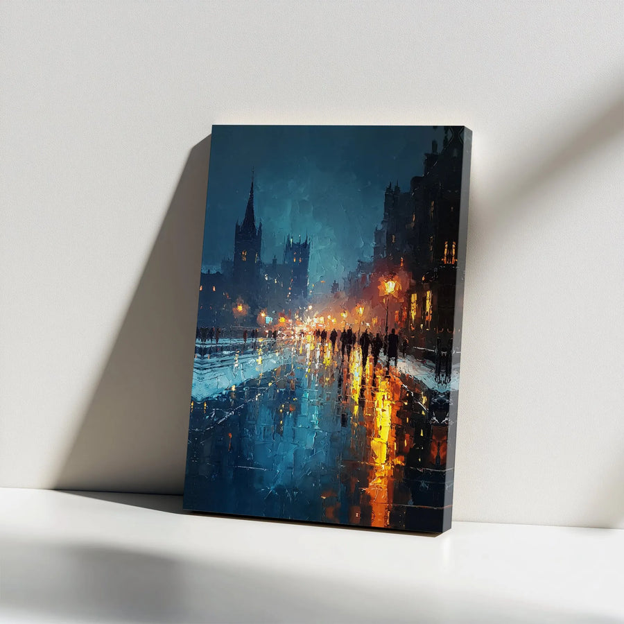 Rainy Cityscape Canvas Print | Textured Impressionist City Night Art | Premium Gallery Wrapped Canvas | Modern Home & Office Decor Gift