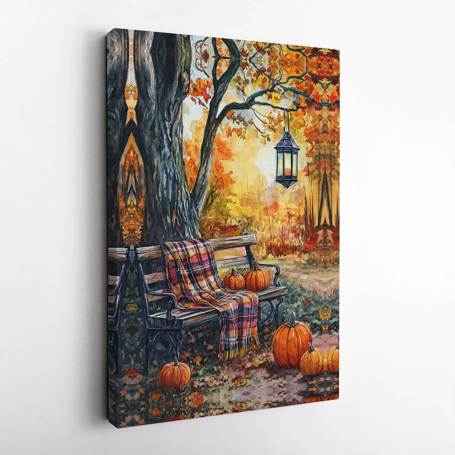 Autumn Park Bench Canvas Art | Watercolor Fall Pumpkin Lantern Print | Premium 1.25-Inch Gallery Wrap | Cozy Seasonal Home Decor Gift