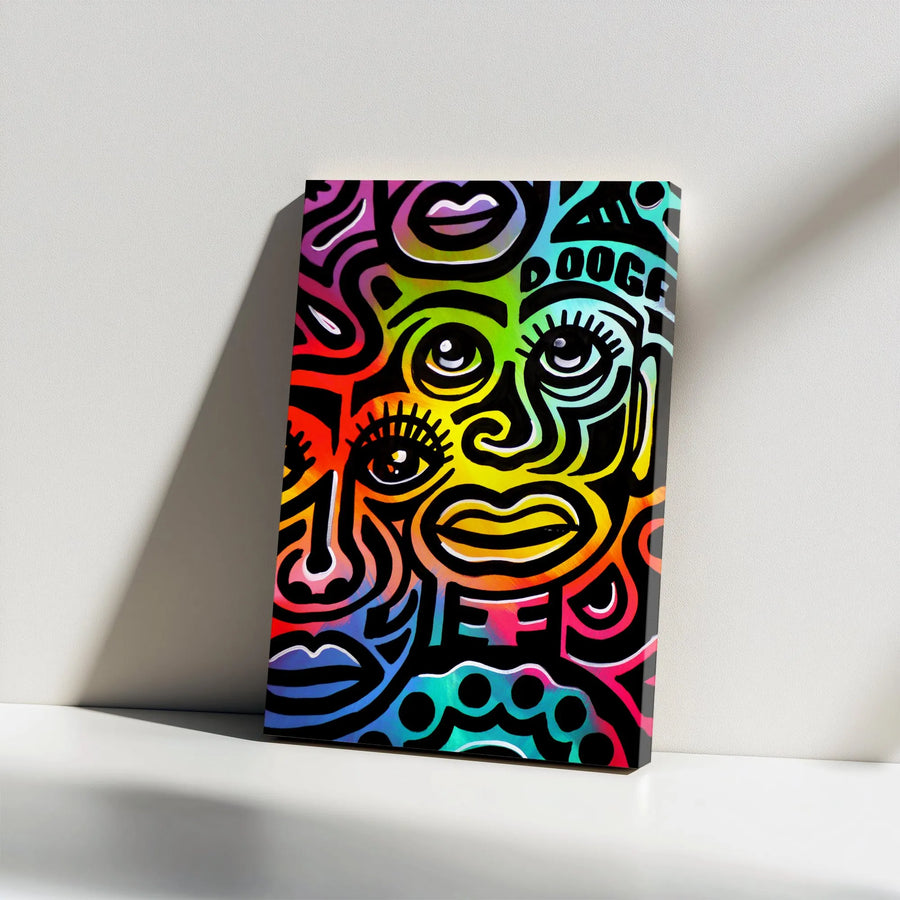 Psychedelic Face Art Vertical Canvas | Vibrant Rainbow Street Art Print | Premium Thick Gallery Wrap | Modern Urban Living Room Decor Gift