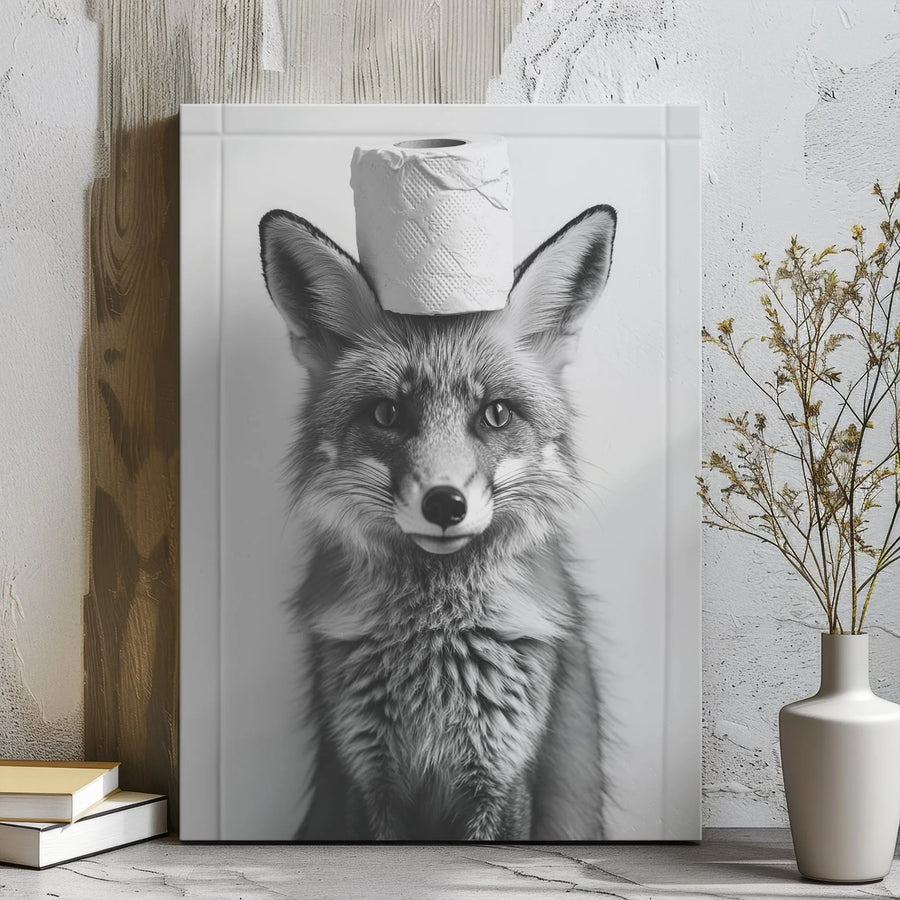 Funny Fox Wall Art | Bathroom Decor with Toilet Paper Roll | Gallery Wrapped Canvas | Whimsical Animal Portrait Gift for Bathroom