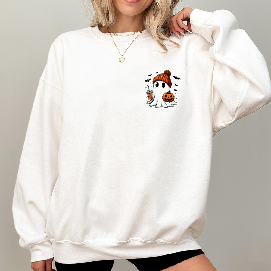 Cute Ghost Pumpkin Coffee Sweatshirt | Spooky Season Graphic Pullover | Soft Cotton Blend | Halloween Apparel for Women and Men