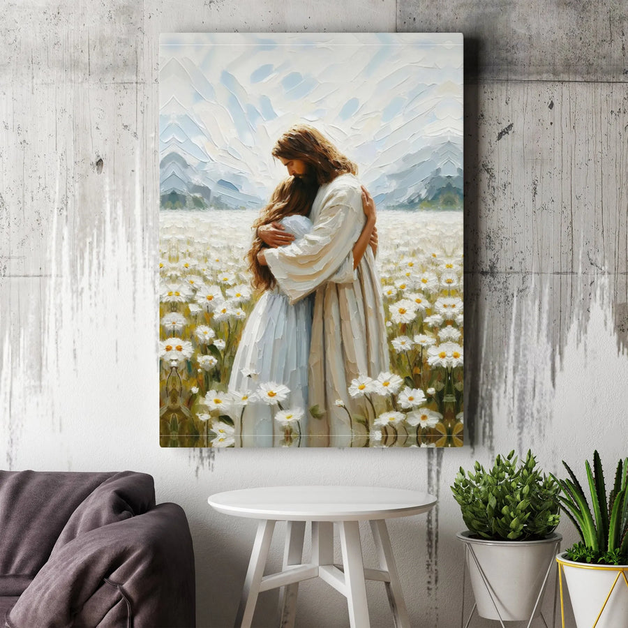 Jesus Embracing Woman Canvas Print | Faith-Inspired Field of Daisies Art | Premium Gallery-Wrap 1.25" Profile | Spiritual Home Decor Gift