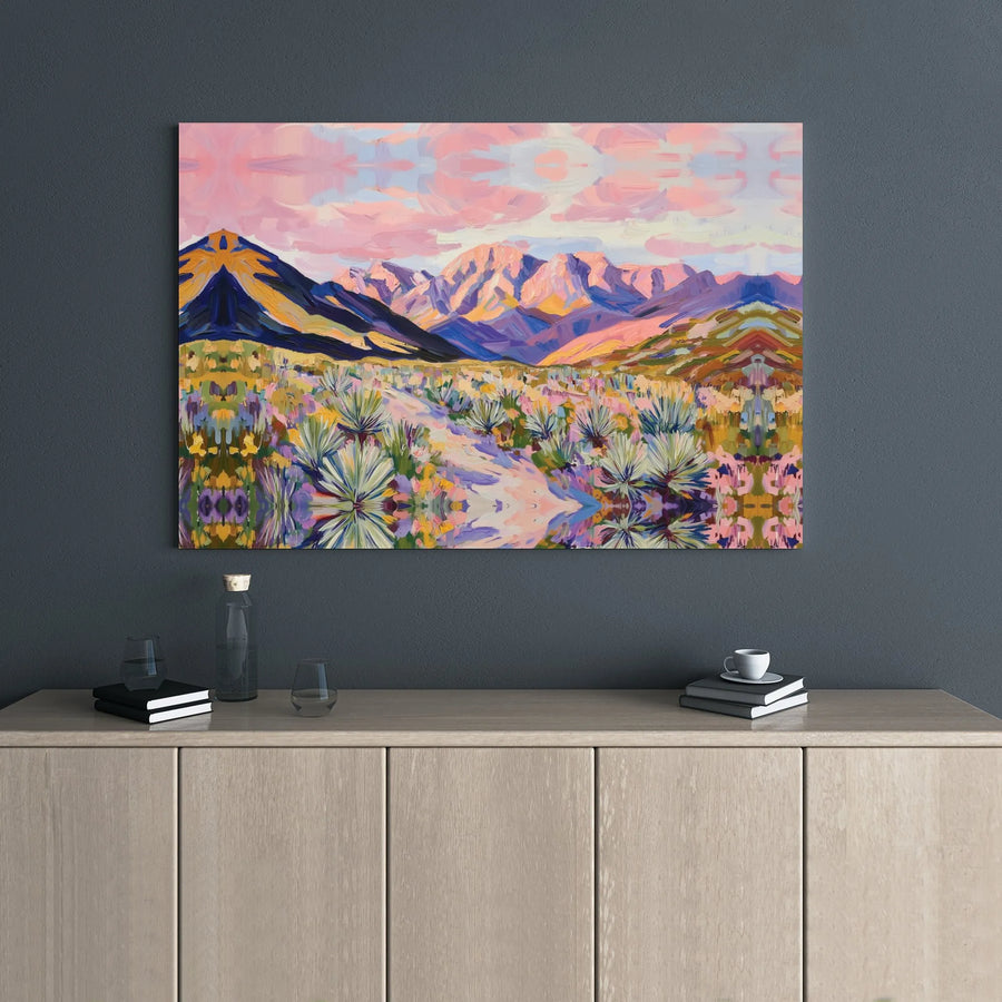 Desert Landscape Canvas Wall Art | Symmetrical Mountain Sunset Print | Premium Gallery Wrap Decor | Modern Southwest Home Living Room Gift