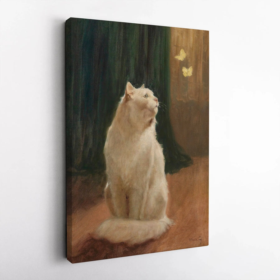 White Cat Canvas Wall Art | Vintage Style Painting of Cat and Butterflies | 1.25 Inch Premium Gallery Wrap | Home Decor Gift for Cat Lovers