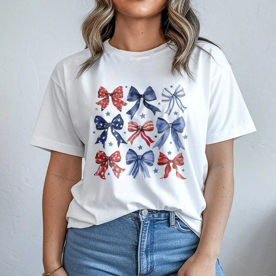 Patriotic Bows T-Shirt | Watercolor American Flag Bows Print | Cozy Cotton Blend Pullover | 4th of July Gift for Women