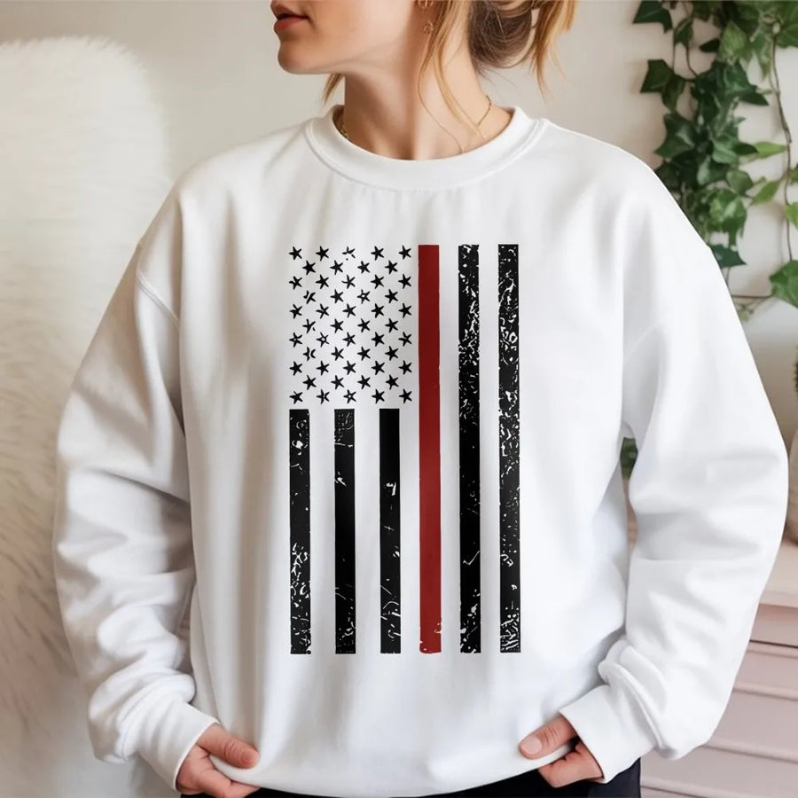 Thin Red Line American Flag Sweatshirt | Distressed Firefighter Hero Graphic | Premium Cotton Blend | Gift for Fireman and First Responder