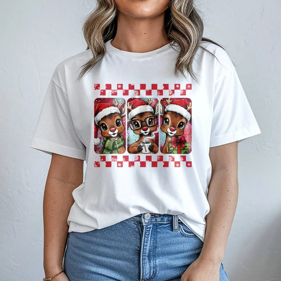 Cute Christmas Reindeer T-Shirt | Retro Festive Holiday Graphic Tee | Premium Soft Cotton Shirt | Aesthetic Winter Gift For Women And Kids