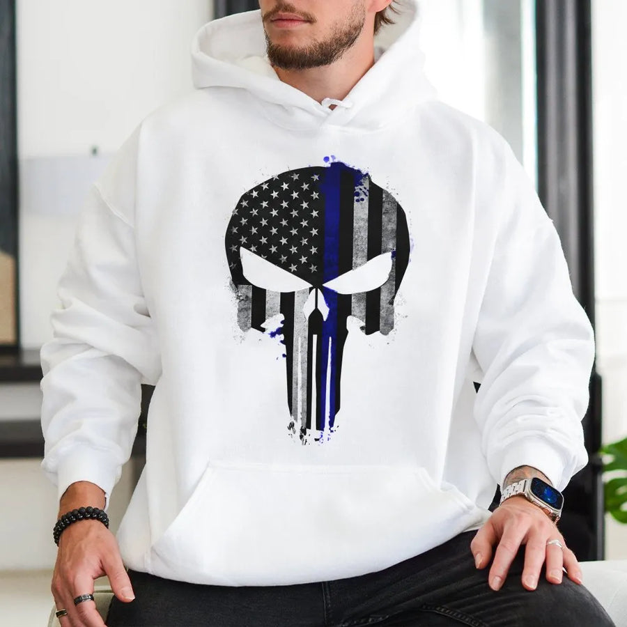 Thin Blue Line Flag Skull Hoodie | Patriotic Police Support Design | Premium Cotton Blend | Gift For Law Enforcement Officer