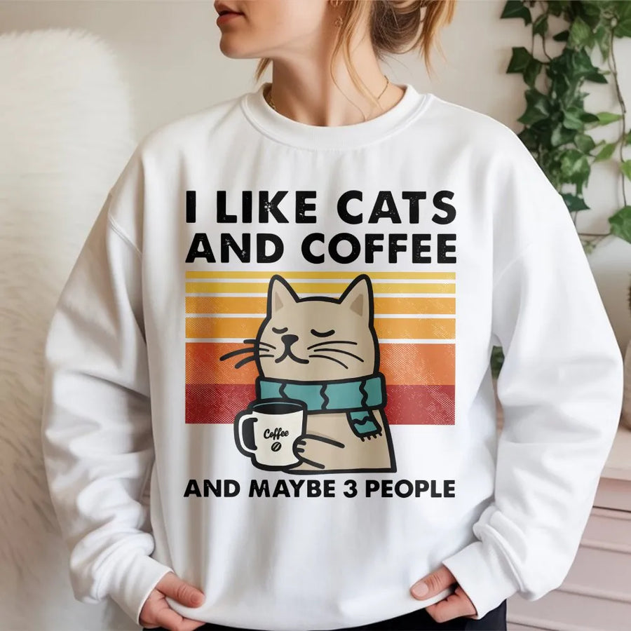 I Like Cats And Coffee Sweatshirt | Retro Funny Cat Graphic Crewneck | Premium Cotton Blend | Gift For Cat Lovers And Coffee Drinkers