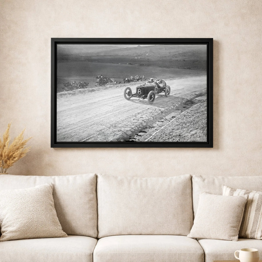 Vintage Race Car Canvas Print | Black and White Retro Racing Wall Art | Gallery Wrapped 1.25 Inch Frame | Automotive Gift for Men and Car Enthusiasts