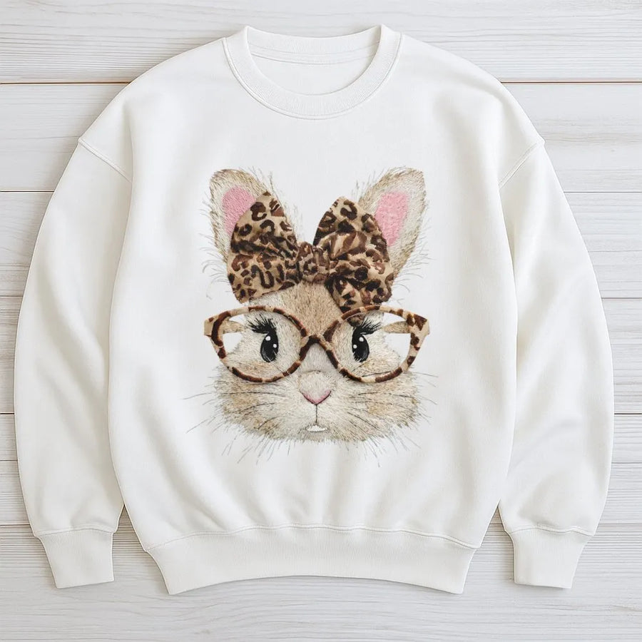 Easter Bunny Sweatshirt | Retro Leopard Bow Graphic | Premium Cotton Blend | Trendy Spring Holiday Gift for Women