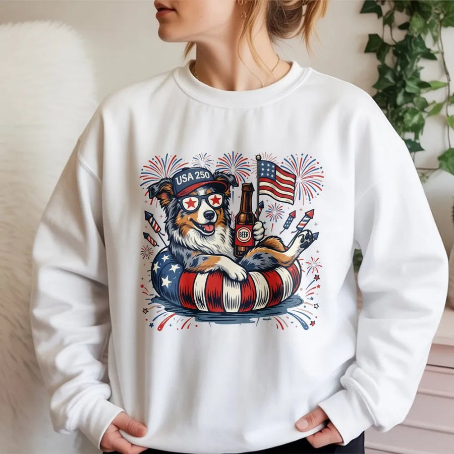 Patriotic Dog Sweatshirt | Funny USA 250 Aussie with American Flag | Premium Cotton-Blend Sweatshirt | Gift for Dog Lovers 4th of July