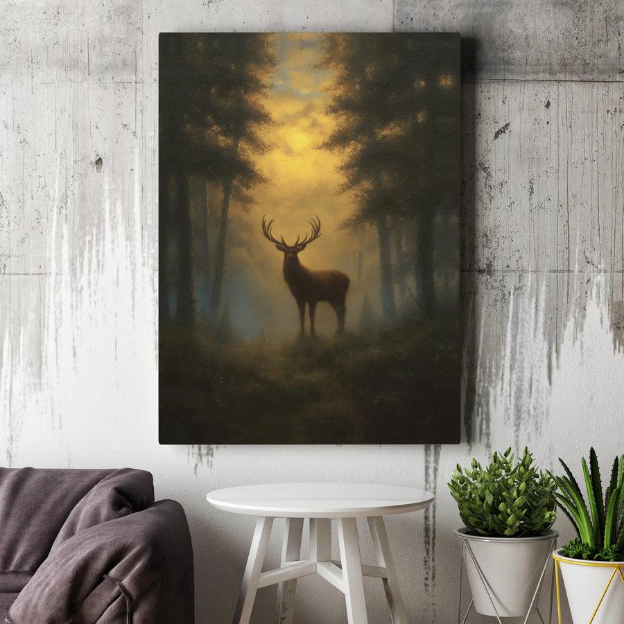 Stag Wall Art Canvas | Moody Misty Forest Wildlife Print | Premium 1.25-Inch Gallery Wrap | Rustic Nature Home Decor Gift