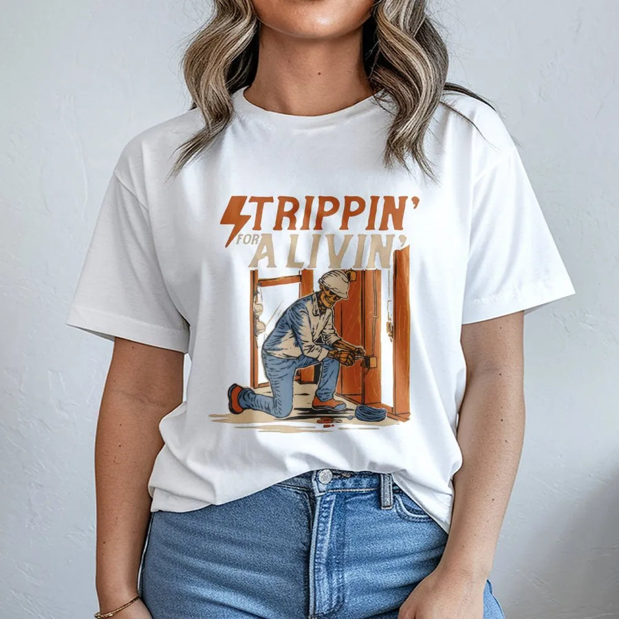Electrician T-Shirt | Strippin' For A Livin' Funny Skeleton Wiring Graphic | Premium Cotton Crewneck | Unique Gift for Electrical Workers & Linemen