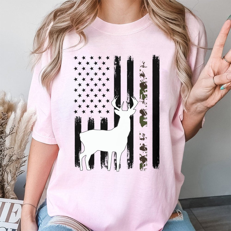 Whitetail Deer Hunting T-Shirt | Distressed American Flag Camo Design | 100% Cotton Premium Apparel | Patriotic Gift for Outdoor Sportsmen