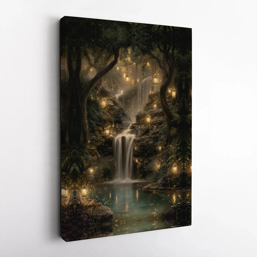 Enchanted Forest Waterfall Canvas | Magical Lantern and Firefly Wall Art | Premium Gallery-Wrapped Print | Whimsical Nature Home Decor Gift