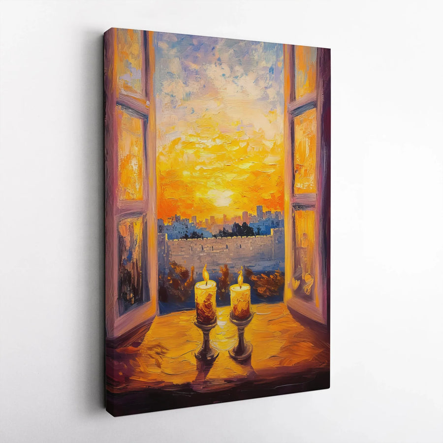 Jerusalem Shabbat Candles Canvas Print | Old City Sunset Oil Painting | Gallery-Quality Wall Art | Religious Jewish Home Decor Gift