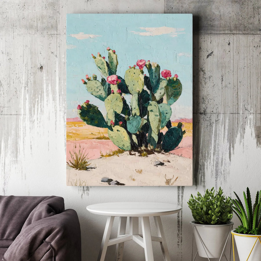 Prickly Pear Cactus Canvas Wall Art | Desert Landscape Impasto Oil Painting Print | Premium Gallery Wrapped Decor | Botanical Southwestern Gift