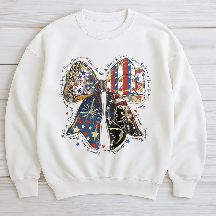 Patriotic Coquette Sweatshirt | Honor The Brave American Flag Bow Graphic | Soft Unisex Crewneck | Memorial Day & 4th of July Military Gift