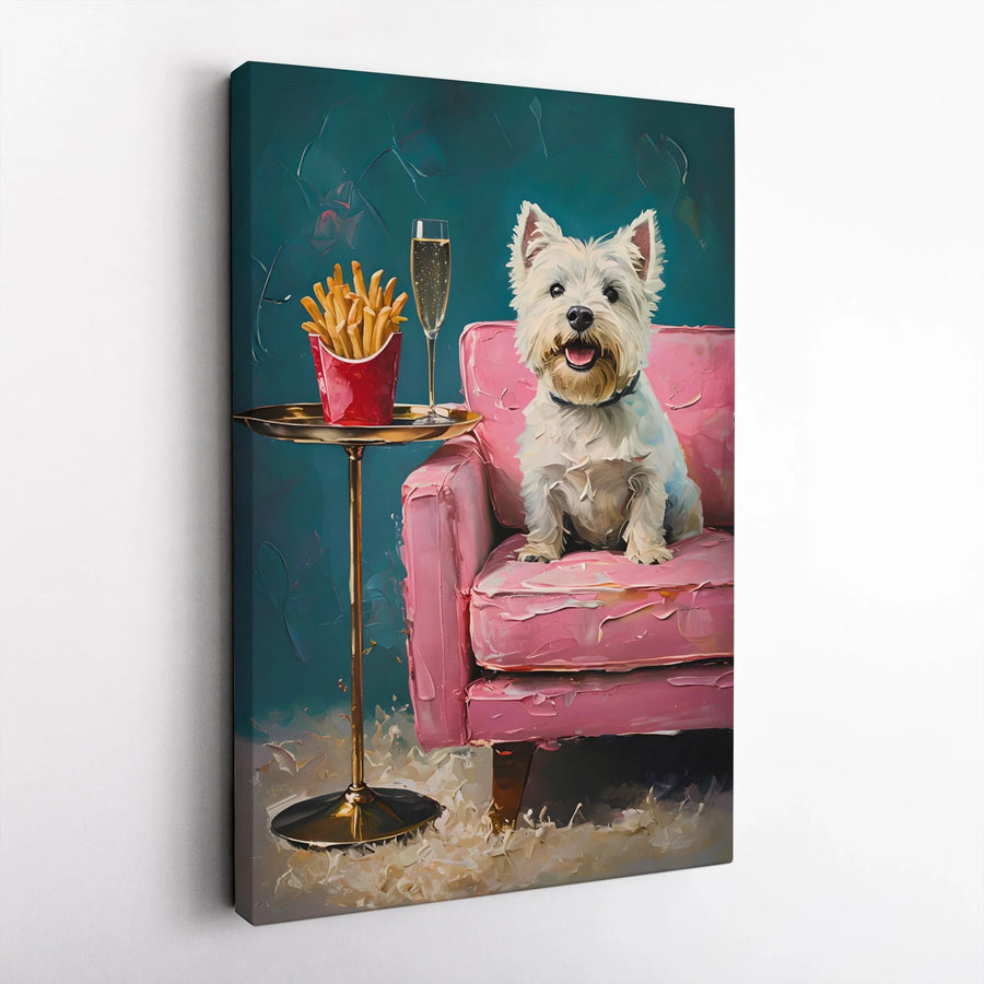 Westie Dog Wall Art | Impressionist West Highland Terrier With Champagne and Fries | Premium Gallery-Wrapped Canvas | Quirky Animal Home Decor Gift