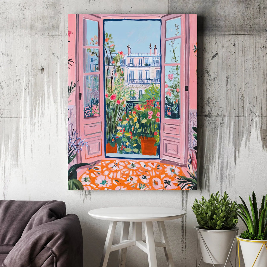 Parisian Balcony Canvas Wall Art | Pink Window Garden View Print | Gallery-Quality 1.25" Profile | Romantic Home Decor Gift