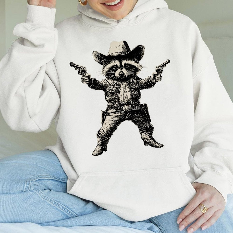 Cowboy Raccoon Hoodie | Western Outlaw Animal Graphic Design | Premium Cotton-Blend | Funny Wildlife Lover Gift for Men and Women