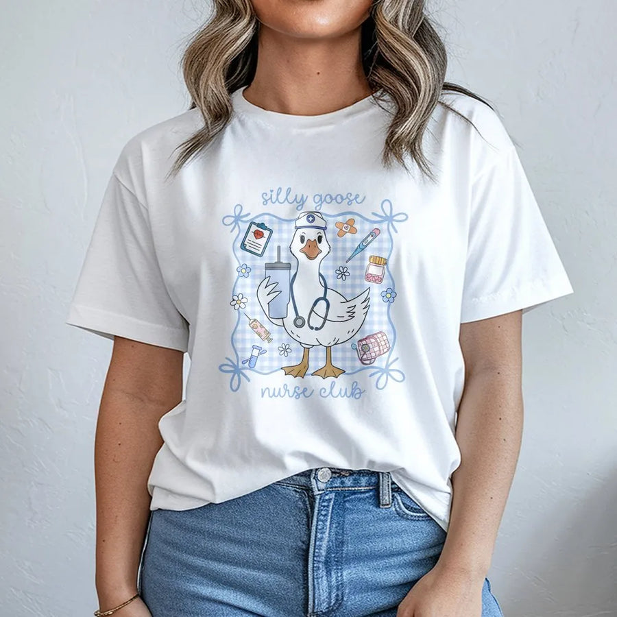 Silly Goose Nurse Club T-Shirt | Funny Cartoon Goose Graphic | Premium Comfort Colors Cotton Tee | Gift for RN, Nursing Student, ER Nurse