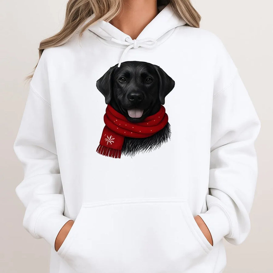 Black Labrador Hoodie | Cute Christmas Dog With Red Scarf Design | Premium Cotton Blend | Holiday Gift For Dog Lovers And Pet Owners