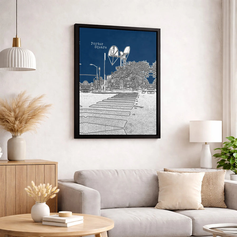 Porter Square Canvas Art | Cambridge MA Landmark Illustration | Gallery-Quality 1.25-Inch Profile | Boston Home Decor Gift for Residents