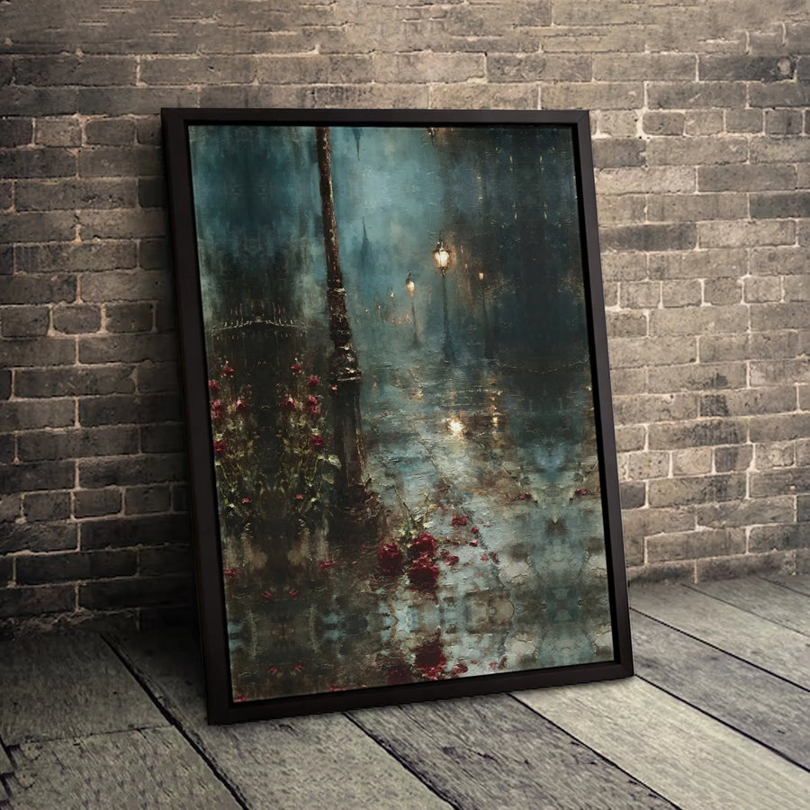 Rainy City Street Canvas Print | Impressionist Lamppost and Red Roses Art | Premium Gallery Wrapped Wall Decor | Atmospheric Home Gift