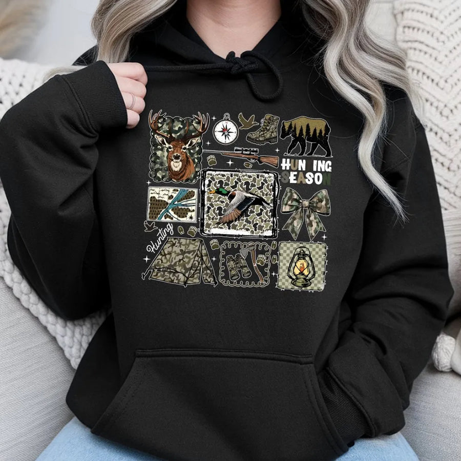 Hunting Season Hoodie | Deer and Duck Camo Graphic Print | Premium Cotton Blend | Gift for Hunters and Outdoorsmen