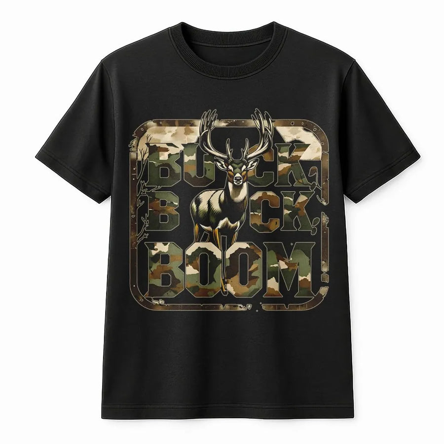 Buck Boom Hunting T-Shirt | Rustic Deer Antler Camo Graphic | Premium Cotton Unisex Tee | Gift for Deer Hunter and Outdoorsman