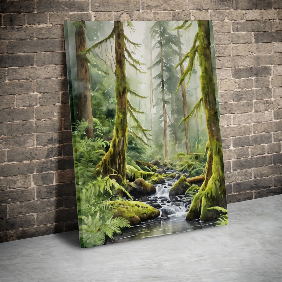 Misty Forest Vertical Canvas | Watercolor Stream Painting Wall Art | Premium 1.25" Thick Gallery Wrap | Nature Lover Home Decor Gift