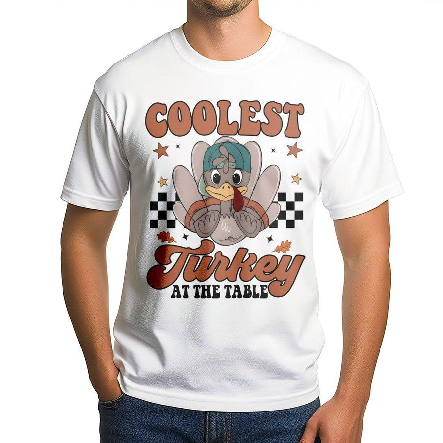Coolest Turkey At The Table T-Shirt | Funny Retro Thanksgiving Graphic | Premium 100% Cotton Tee | Holiday Apparel Gift For Boys And Girls