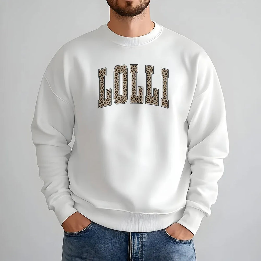 Lolli Sweatshirt | Leopard Print Varsity Letters | Premium Cotton-Blend Pullover Hoodie | Gift for New Grandma, Mother's Day