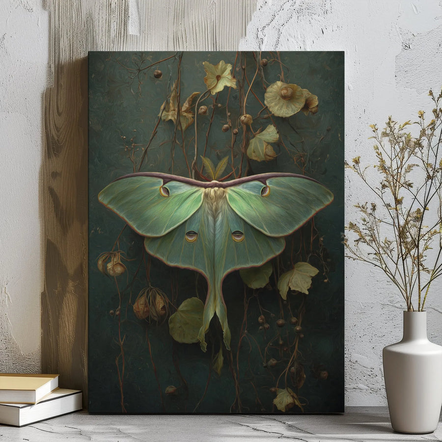 Luna Moth Wall Art | Botanical Forest Core Aesthetic Print | Premium 1.25" Gallery Wrap Canvas | Moody Nature Lover Home Decor Gift