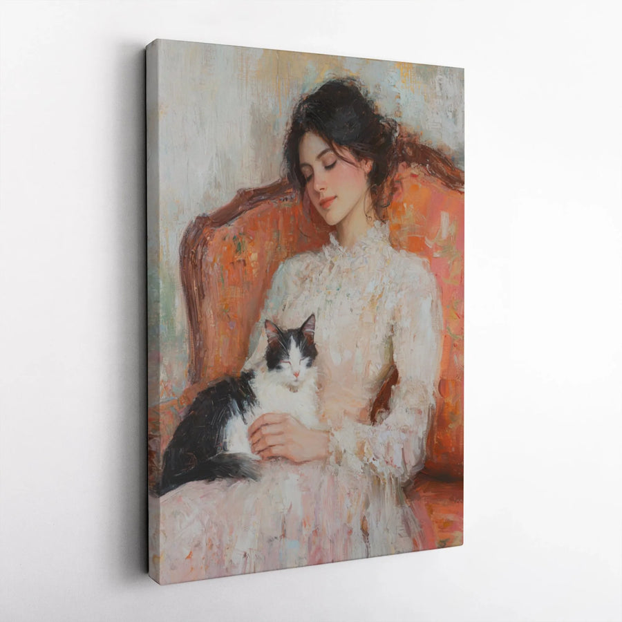 Vintage Woman with Cat Canvas Wall Art | Impressionist Portrait with Sleeping Cat | Premium Gallery Wrapped Canvas | Classic Home Decor Gift for Cat Lovers