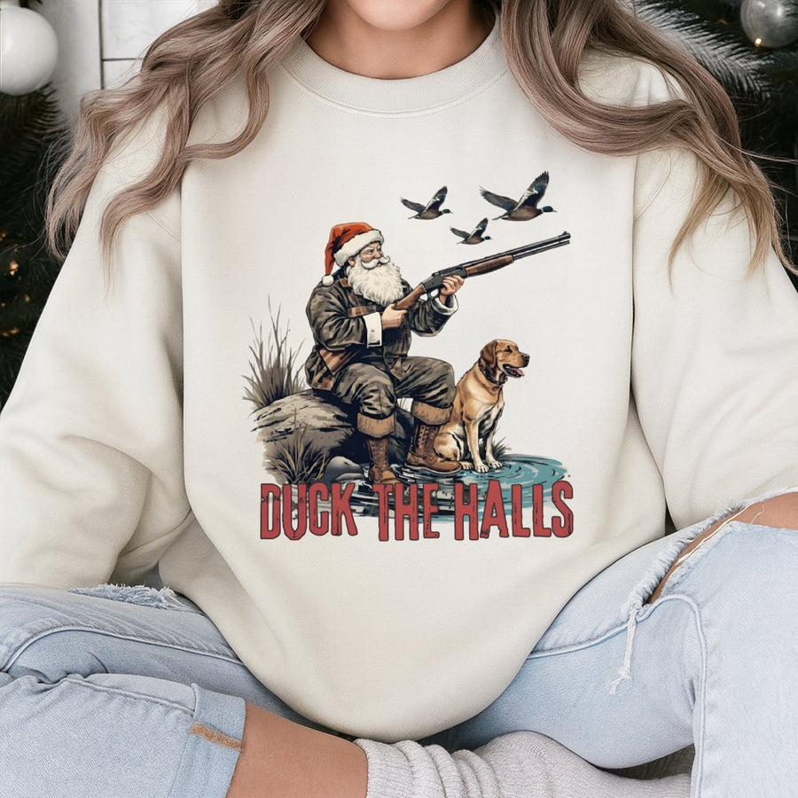 Duck The Halls Hunting Santa Sweatshirt | Funny Christmas Duck Hunter Graphic | Premium Cotton Blend | Gift for Him and Outdoor Enthusiasts
