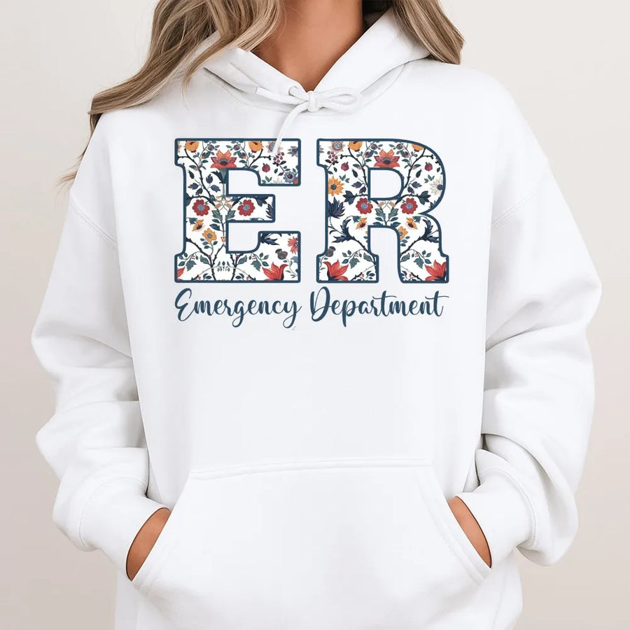 ER Emergency Department Hoodie | Floral Lettering Nurse Gift | Cotton-Poly Blend Sweatshirt | Comfortable Apparel for Healthcare Workers